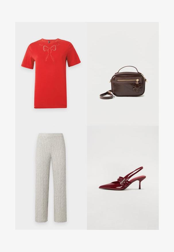 Rød t-shirt med korte ærmer og broderet sløjfedekoration samt små skinnende nitter på brystområdet.; GAP Petite CABLE PANT - Bukser - grey; Røde patenteret læder slingback hæle med spids tå, to spændebånd og en slank, mellemhøj stiletto hæl. Glat tekstur.; Mørkebrun rektangulær læder skuldertaske med top-håndtag, lynlåslomme foran og blomsterformet lædervedhæng på lynlåstrækkeren.