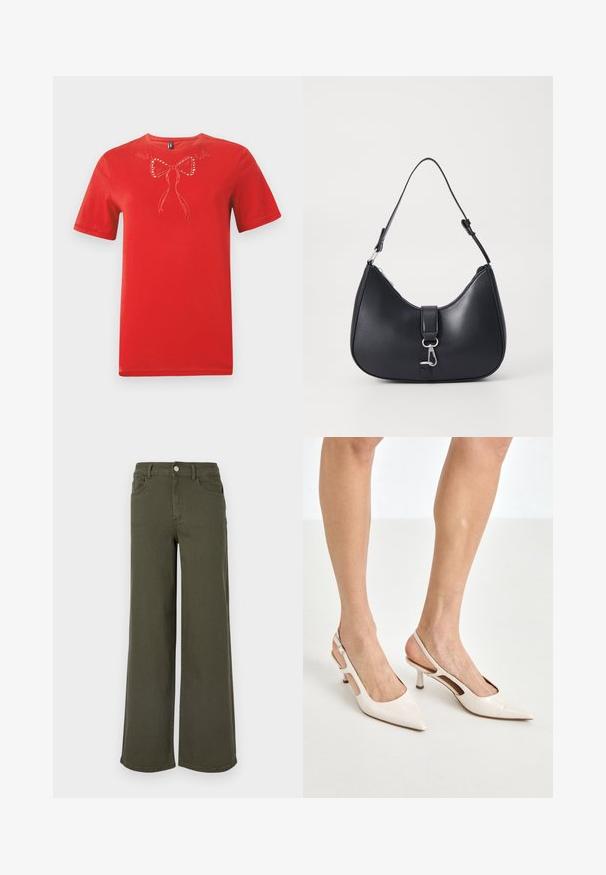 T-shirt rouge à manches courtes avec motif de nœud brodé et petits clous brillants sur la poitrine.; Jean large vert olive en denim, avec un design classique à cinq poches et une fermeture à bouton à l'avant. Texture lisse, sans motifs.; Escarpins à talon slingback en cuir verni beige avec un bout pointu et un talon de 5 cm, présentant des côtés découpés et une fine bride à la cheville.; Pieces PCLIKA SHOULDER BAG - Sac à main - black