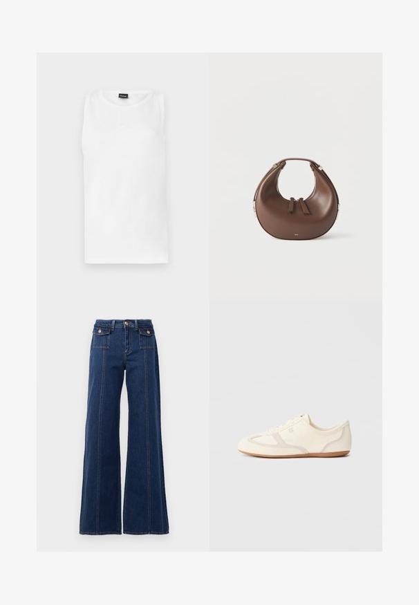Witte mouwloze tanktop met ronde hals en klein reliëflogo gecentreerd onder de halslijn.; Donkerblauwe wijde jeans van denim. Bevat vier zakken, grote stikdetails en een hoge tailleontwerp. Klassieke knoopsluiting.; Crème-witte sneakers met een bovenwerk van suède en stof, een afgeronde neus en een rubberen zool met een beige accentdetail. Vetersluiting.; Bruine, halvemaanvormige leren handtas met een bovenhandvat en dubbele ritssluitingen op een witte achtergrond.