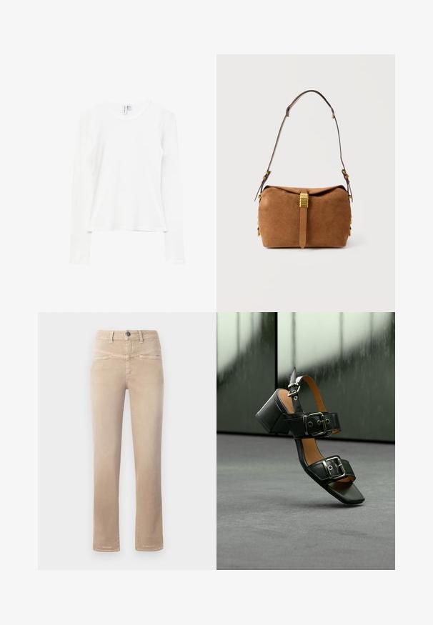 Hvid langærmet t-shirt med rund hals, tætsiddende pasform og ensfarvet design, vist fladt på en hvid baggrund.; Beige lige bukser lavet af blødt stof, med lukning foran med knap, to frontlommer og subtile syningsdetaljer.; Sorte læder-sandaler med hæl, der har brede remme med justerbare sølvspænder, firkantet tå og blokhæl. Glat tekstur, minimalistisk design.; Brun skuldertaske i ruskind med justerbar rem og central guldfarvet låsedetalje på en ensartet lys baggrund.