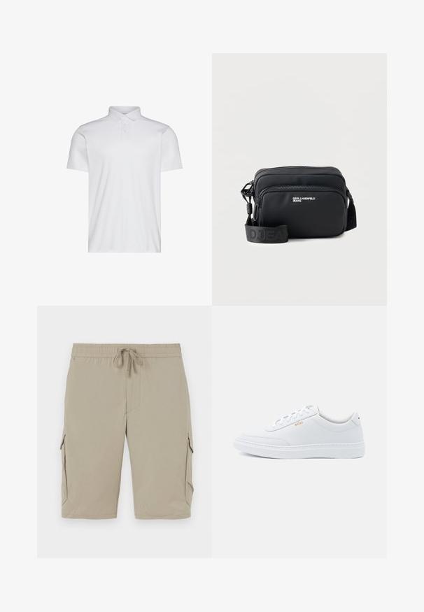 Hvid kortærmet poloshirt med krave og tre-knaps åbning. Glat tekstur uden synlige mønstre eller detaljer.; Beige cargo shorts med elastisk talje og snor. Har sidelommer og et glat, let stof.; Hvide lædersneakers med glat tekstur, rund tå og ton-i-ton syning. Har blå snørebånd og et gult logo på siden.; Sort rektangulær crossbody taske med to lynlåslommer, "KARL LAGERFELD JEANS" logo og justerbar mærket rem på hvid baggrund.
