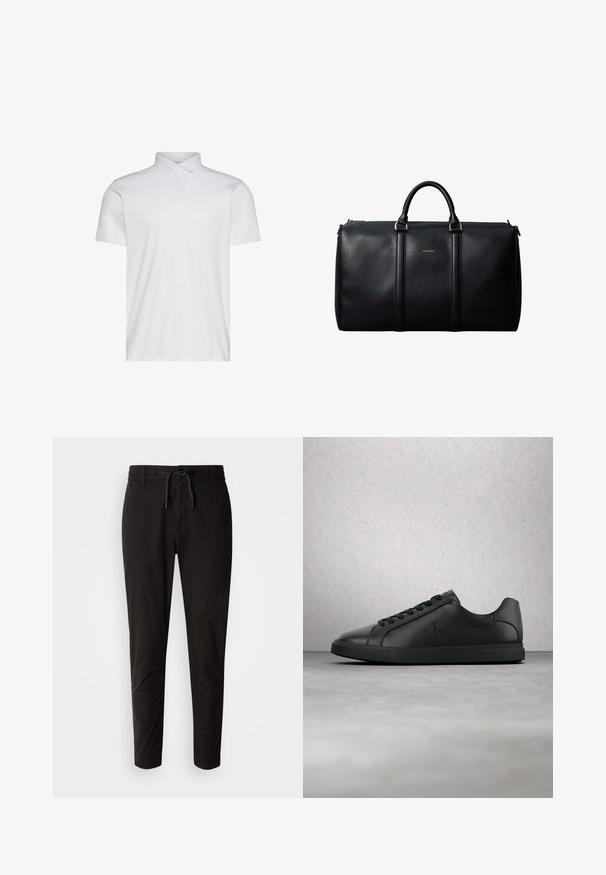 Polo blanco de manga corta con cuello y tapeta de tres botones. Textura lisa sin patrones ni detalles visibles.; Pantalones negros con cinturilla elástica y cordón, que presentan un ajuste estrecho y afilado y una tela suave y ligera.; Zapatilla deportiva de cuero negro con cordones y el logotipo "ck" en relieve, flotando sobre un suelo gris cerca de una pared de bloques de vidrio.; Bolsa de cuero negro tipo duffel con dos asas, logo sutil de Calvin Klein en el centro y detalles en hardware de tono plateado.