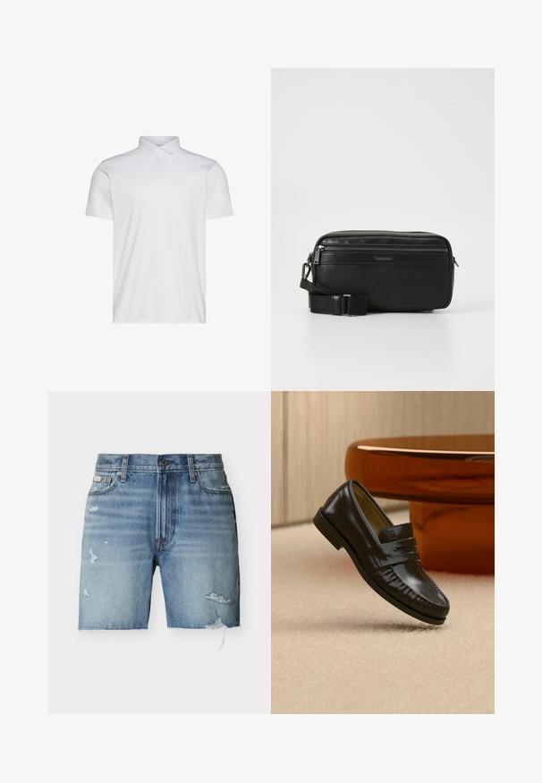 Polo blanc à manches courtes avec un col et une patte de boutonnage à trois boutons. Texture lisse sans motifs ni accents visibles.; Shorts en denim bleu clair avec bords effilochés, détails usés sur les deux jambes, fermeture avant par boutons, et poches avant sur fond blanc.; Mocassin en cuir noir brillant avec un détail de bride, posé sur un tapis beige près d'une table basse ronde en bois brun dans une pièce doucement éclairée.; Sac en cuir noir à bandoulière avec un compartiment zippé, surface texturée, bandoulière réglable et logo Calvin Klein à l'avant.