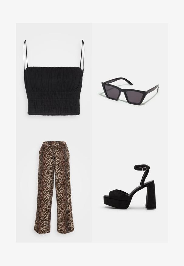 Abercrombie & Fitch BARE SCRUNCHIE CAMI - Débardeur - black beauty; Pantalons large en imprimé léopard avec taille élastique et poches latérales, fabriqués à partir d'un tissu doux dans des tons bruns et beige.; Sandales à plateforme noires avec texture en daim, large courroie à l'avant, courroie pour la cheville avec boucle et talon épais. Design élégant et moderne.; Lunettes noires angulaires avec des verres gris ; fabriquées en plastique, avec des branches épaisses à la surface lisse et sans matériel visible.