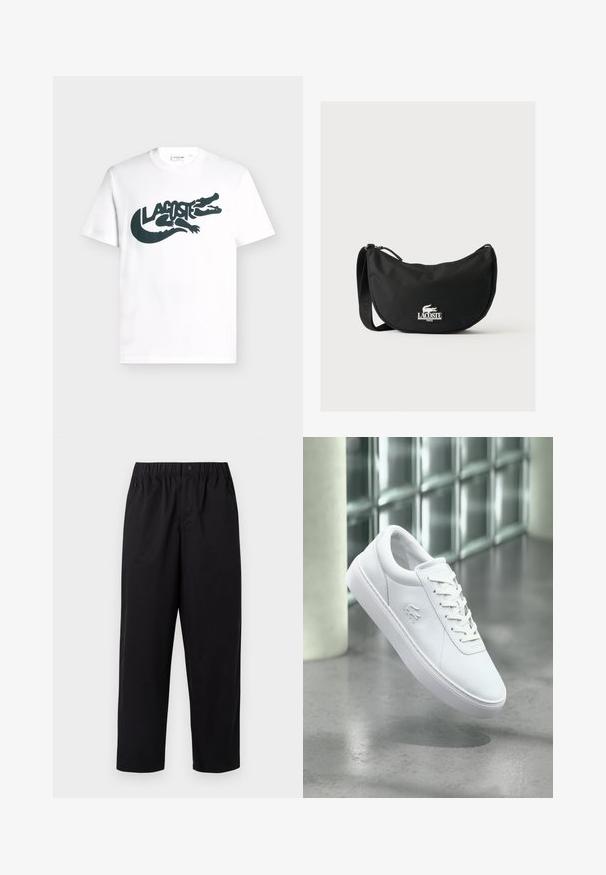 Camiseta blanca de manga corta con un gran gráfico negro de un cocodrilo estilizado integrado con el texto "Lacoste" en el pecho.; Pantalones negros de pierna ancha con cintura elástica y un solo botón. Fabricados con una tela suave y ligera. Dobladillo recto.; Zapatilla blanca de caña baja con diseño de cordones y logo de cocodrilo en relieve, situada sobre un suelo pulido gris con una pared de bloques de vidrio de fondo.; Bolso de hombro Lacoste negro con forma curva, correa ajustable y logo de cocodrilo blanco en relieve sobre el nombre de la marca en la parte delantera.