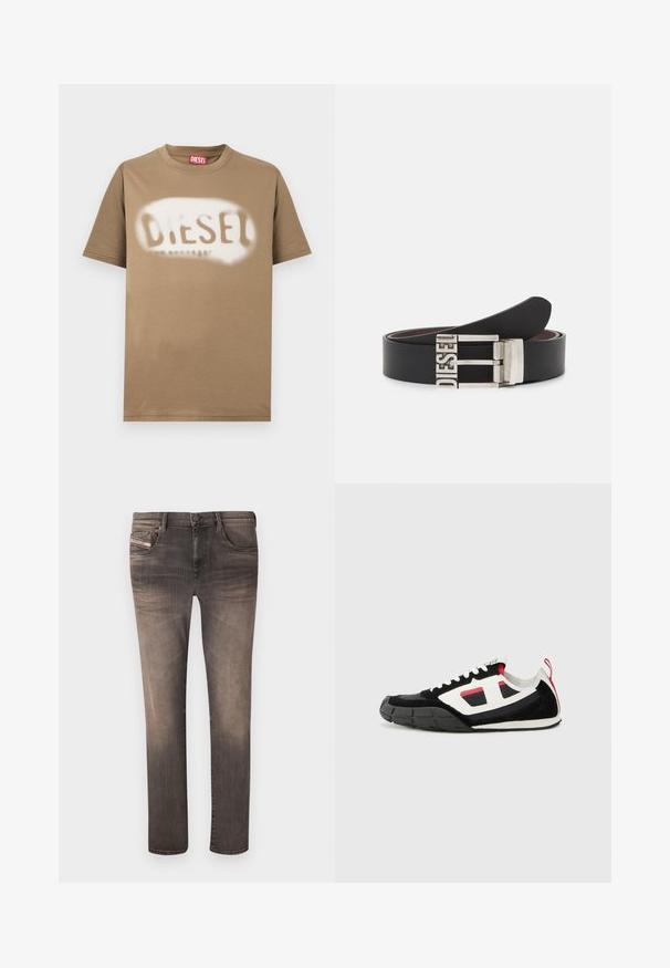 T-shirt en coton marron avec un logo "DIESEL" peint en blanc au pochoir. Col rond classique et manches courtes avec une texture lisse.; Jean skinny de couleur noire délavée, doté de cinq poches, passants de ceinture et fermeture éclair. Le matériau présente une légère texture avec un effet de froissement subtil.; Diesel S PAGODHA LOW - Baskets basses - black; Ceinture en cuir noir avec une boucle en métal argenté portant le texte en relief "DIESEL". Le design est épuré avec une texture lisse.