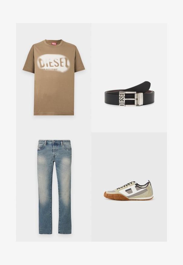 Brun bomulds-T-shirt med et spraymalet "DIESEL"-logo i hvid. Klassisk rund hals og korte ærmer med en glat tekstur.; Lyseblå denim jeans med lige ben, falmede områder, fem lommer og knaplukning. Stoffet viser let slid og brugsmærker.; Athletiske sneakers med beige overdel med grå og hvide accenter, tekstureret ruskind og mønstret gummisål. Brune skosnørebånd og en trækflig medfølger.; Sort læderbælte med en sølvmetal spænde, der har den prægede tekst "DIESEL." Designet er stilrent med en glat overflade.