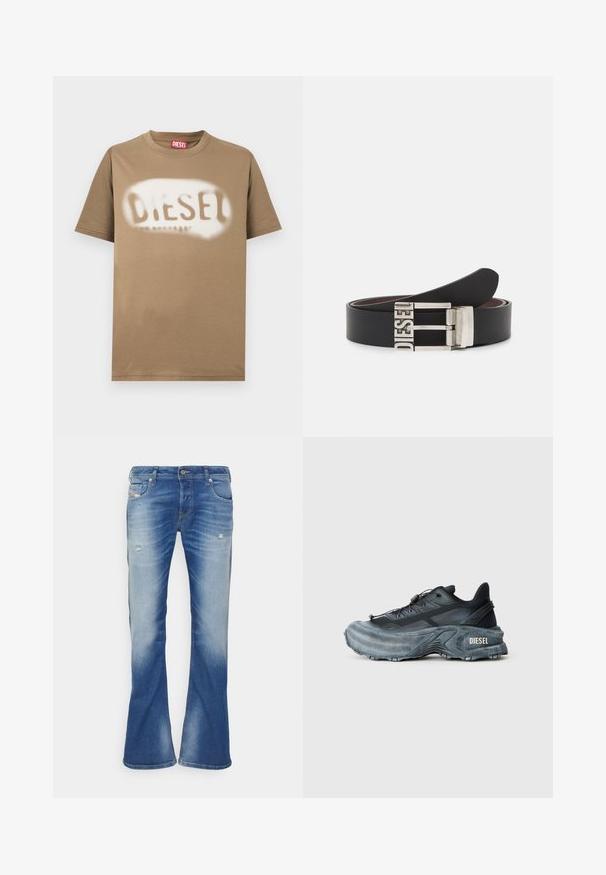 Camiseta de algodón marrón con el logo "DIESEL" en blanco, pintado con spray. Cuello redondo clásico y mangas cortas con una textura suave.; Vaqueros bootcut desgastados en azul con ligero desgarro en los muslos delanteros y diseño clásico de cinco bolsillos sobre fondo blanco.; Zapatilla Diesel en negro y gris con suela gruesa, cierre de cordón y diseño texturizado sobre un fondo liso de color gris claro.; Cinturón de cuero negro con una hebilla de metal plateada que presenta el texto embossado "DIESEL". El diseño es elegante con una textura suave.