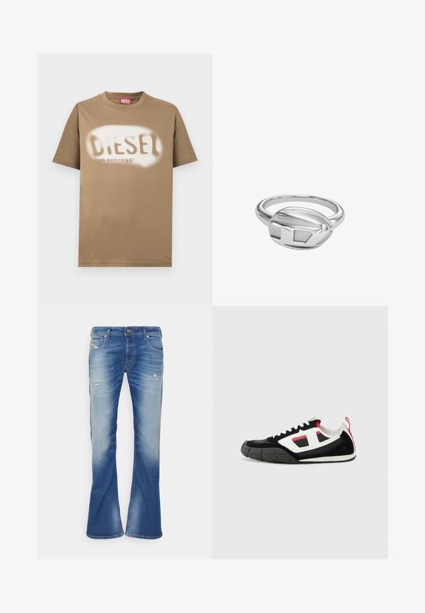 Braunes Baumwoll-T-Shirt mit einem weiß angesprühten "DIESEL"-Logo. Klassischer Rundhalsausschnitt und kurze Ärmel mit glatter Textur.; Blaue, ausgebleichte Bootcut-Jeans mit leichter Abnutzung an den Vorderseiten der Oberschenkel und klassischem Fünf-Taschen-Design auf weißem Hintergrund.; Diesel S PAGODHA LOW - Sneaker low - black; Silberner Ring mit glatter ovaler Oberseite mit erhabenen, abstrakten geometrischen Mustern.