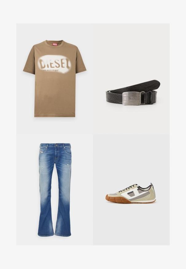 Brun bomulds-T-shirt med et spraymalet "DIESEL"-logo i hvid. Klassisk rund hals og korte ærmer med en glat tekstur.; Blå, falmede bootcut jeans med let slid på forsiden af lårene og klassisk fem-lomme design på hvid baggrund.; Athletiske sneakers med beige overdel med grå og hvide accenter, tekstureret ruskind og mønstret gummisål. Brune skosnørebånd og en trækflig medfølger.; Sort læderbælte med en struktureret overflade, der har en rektangulær spænde i sølvfarve med indgraveret brandnavn. Glatte kanter, klassisk design.