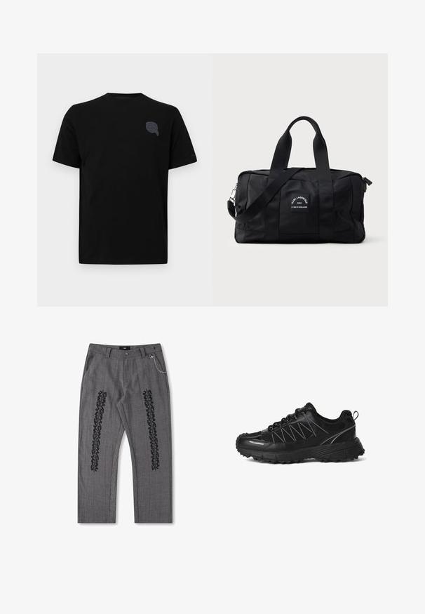 Schwarzes Baumwoll-T-Shirt mit kurzen Ärmeln, mit einem subtilen grauen grafischen Design auf der linken Brustseite. Glatte Textur, Rundhalsausschnitt.; Grau karierte Hose mit schwarzem Textdetail an den Seiten, mit einer Kette als Akzent am Bund. Gerade Beinform, strukturiertes Material.; Schwarzer Sneaker mit niedrigem Schnitt, dicker profillierter Sohle, Mesh- und synthetischem Obermaterial, Schnürverschluss, Zuglasche an der Ferse und „KARLLAGERFELD“-Logo an der Seite.; Schwarze Reisetasche aus Nylon, mit zwei oberen Griffen, einem abnehmbaren Schultergurt und einem rechteckigen Körper mit einem Logopatch.