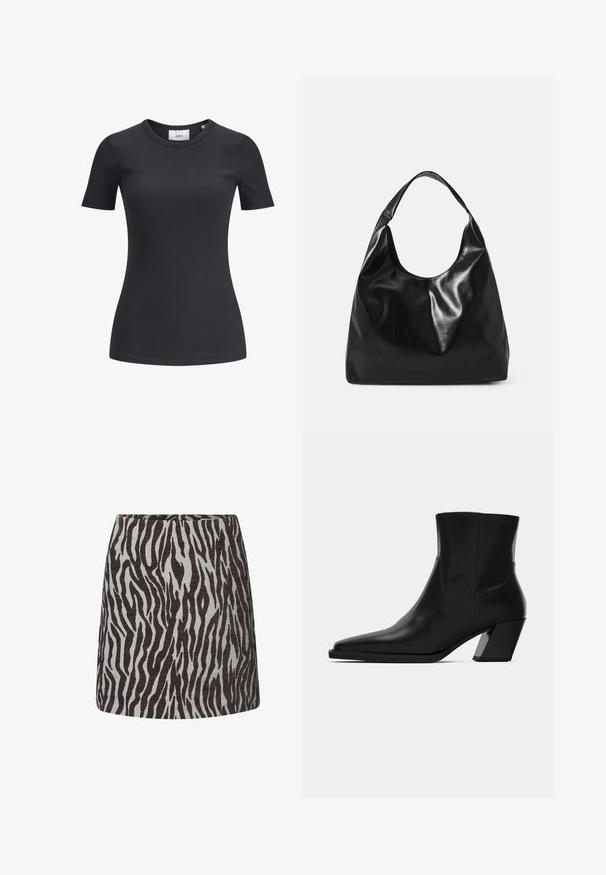 Zwarte geribbelde T-shirt met korte mouwen en een ronde hals. Gemaakt van een zachte, rekbare stof, met een subtiele textuur en een aansluitende snit.; Mini-rok met zwart en grijs zebra-printpatroon, rechte snit en een verborgen rits aan de achterkant.; Zwarte leren enkelboot met een spitse neus, een slanke silhoeet en een chunky vierkante hak. Gladde textuur met minimale stikdetails.; Zwarte leren hobo tas met een zachte, glanzende textuur en een ronde, open bovenkant. Voorzien van een brede, gebogen schouderband om te dragen. Geen zichtbare hardware.