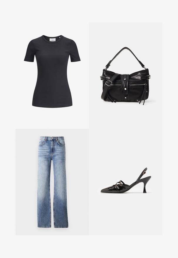 Sort ribbet kortærmet t-shirt med rund halsudskæring. Lavet af et blødt, strækbart stof med en subtil tekstur og en tætsiddende silhuet.; Lysblå denimjeans med høj talje, bred bukseben og subtilt slid. Har knaplukning og fem-lomme design.; ALOHAS JOELLE ONIX - Pumps - black; Even&Odd H24462 - Håndtasker - black