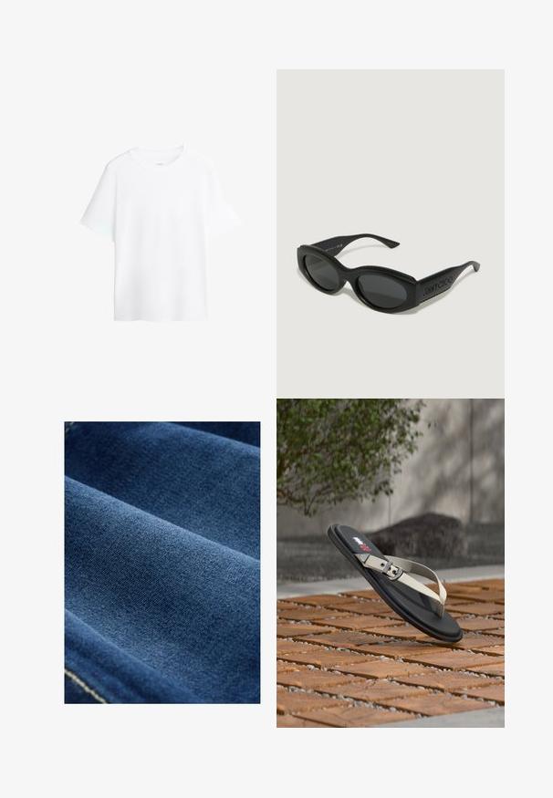 Schlichtes weißes T-Shirt mit kurzen Ärmeln und Rundhalsausschnitt, locker geschnitten, vor weißem Hintergrund präsentiert.; Dunkelblauer Denim-Stoff mit glatter Textur, sichtbarem Gewebe und subtiler Dehnung. Verfügt über schwache Nähte entlang der Kanten.; Schwarze Sandale mit beigem Schnallenriemen, die über einem Boden aus Holzfliesen und Kieselsteinen in einer Außenanlage mit grünem Strauch und Steinmauer im Hintergrund schwebt.; Schwarze Sonnenbrille mit ovalen Gläsern, gerippter Textur auf dem Rahmen und eingraviertem Logo an der Seite. Hergestellt aus Kunststoff und mit einem schlanken Design.