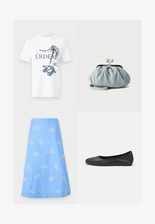 Λευκό κοντομάνικο t-shirt με το κείμενο "ERDEM" και λεπτομερή μαύρη λουλουδάτη απεικόνιση που καλύπτει μερικώς τα γράμματα στην μπροστινή πλευρά.; Μπλε φούστα σε γραμμή Α με λευκή κεντητή ανθοφορία διάσπαρτη στο ύφασμα.; Μαύρο δερμάτινο μπαλαρίνι με στρογγυλή μύτη, λεία υφή, ελάχιστες λεπτομέρειες ραφής και σχεδίαση ευέλικτης σόλας.; Μικρό ανοιχτό μπλε δερμάτινο πορτοφόλι για κέρματα με ασημί μεταλλικό κούμπωμα τύπου kiss-lock και κοντό λουράκι καρπού σε μονόχρωμο φόντο.