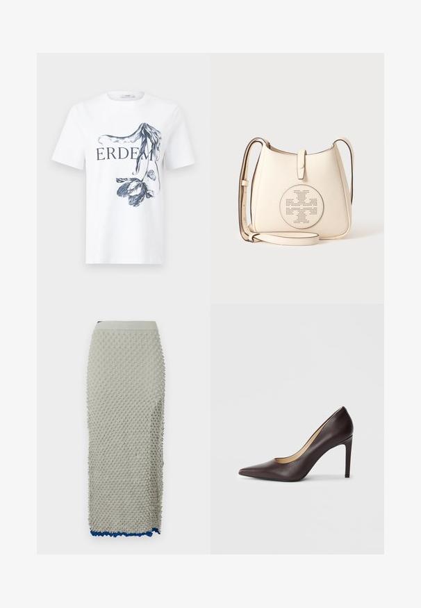 Weißes T-Shirt mit kurzen Ärmeln und dem Text "ERDEM" sowie einer detaillierten schwarzen Blumenillustration, die die Buchstaben vorne teilweise bedeckt.; Strickrock in Hellgrau mit strukturiertem Bobbel-Design, elastischem Bund und kontrastierendem blauen gewellten Saum. Lange, enganliegende Silhouette.; Dunkelbrauner Leder-Pumps mit spitzer Zehenform und schmalem Stiletto-Absatz, seitlich auf einem weißen Hintergrund angezeigt.; Cremefarbene Leder-Umhängetasche mit verstellbarem Riemen und perforiertem rundem Logo auf der Vorderseite vor einfarbigem Hintergrund.