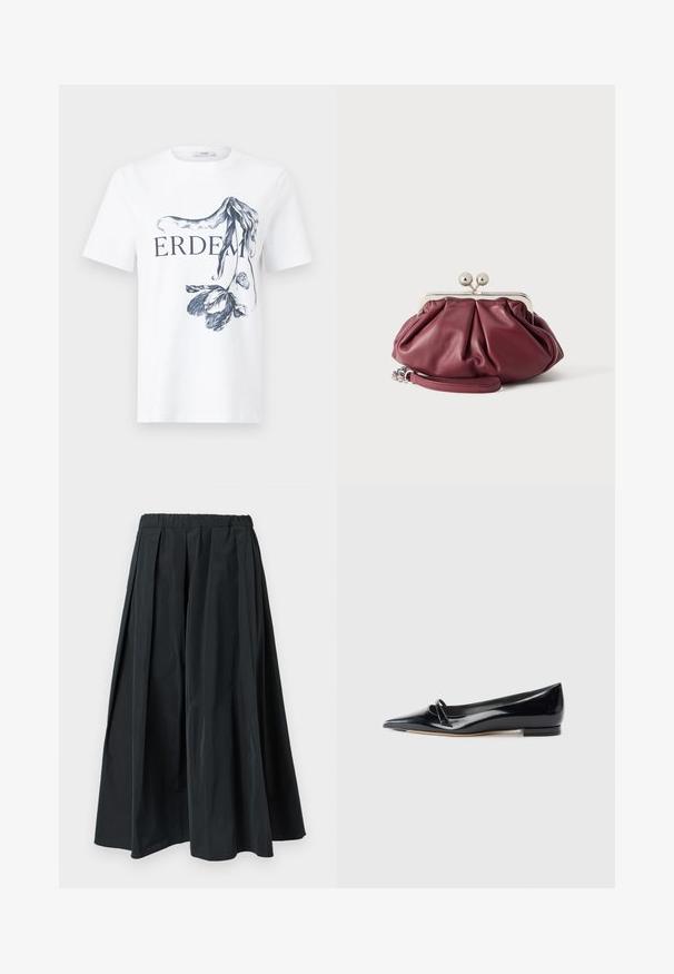 T-shirt blanc à manches courtes avec le texte "ERDEM" et une illustration florale noire détaillée partiellement couvrant les lettres à l'avant.; Pantalon noir à jambes larges plissé avec une ceinture élastique, fabriqué en tissu léger, suspendu sur un fond blanc uni.; Chaussure plate en cuir verni noir avec un bout pointu, une petite lanière décorative et un petit talon carré. Texture lisse et design épuré.; Petite pochette en cuir bordeaux avec fermoir en métal argenté et bracelet pour poignet sur fond blanc.
