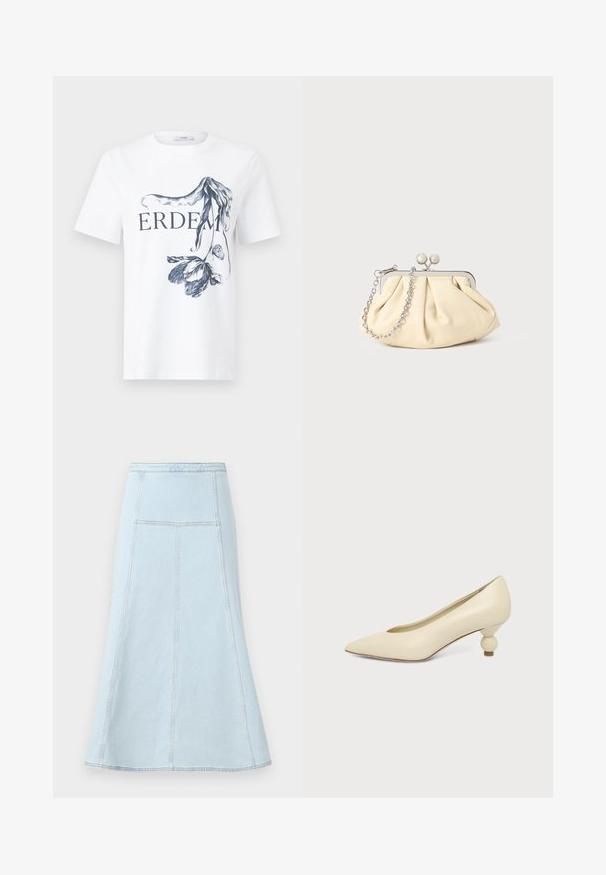 Hvid t-shirt med korte ærmer med teksten "ERDEM" og en detaljeret sort blomstermotiv, der delvist dækker bogstaverne på forsiden.; Lyseblå denim A-line nederdel med høj talje, der har lodrette syninger og en bredere kant for ekstra bevægelse.; Kremfarvet damesko med spids snude og lav hæl, hvor hælen er rund og kugleformet, på en ensfarvet baggrund.; Plisseret beige læderclutch med en sølvmetalramme, der har to runde dekorative låse og en sølvkædetrasporte.