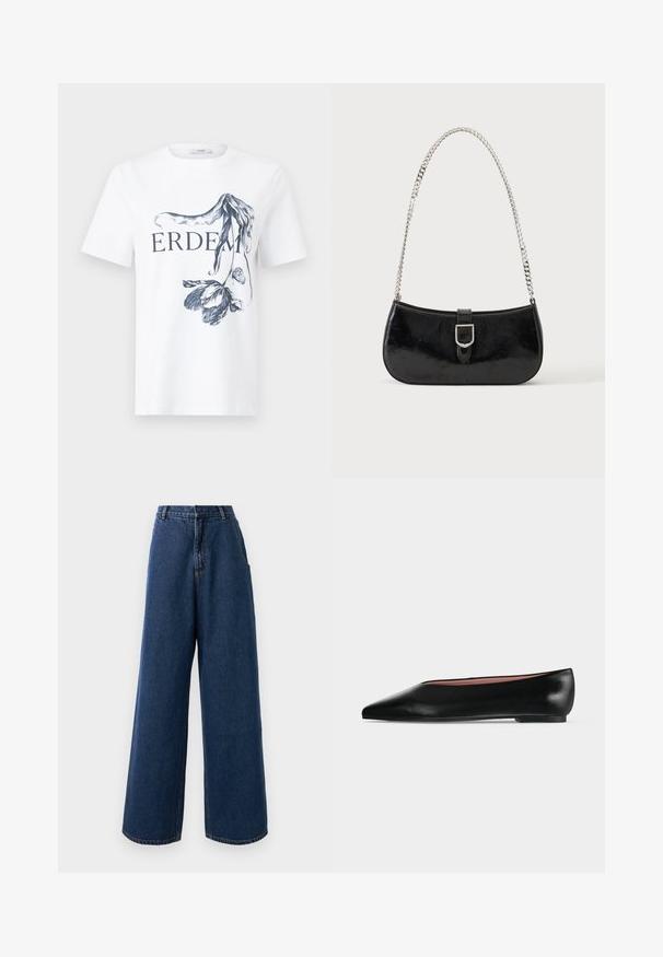 Wit t-shirt met korte mouwen met de tekst "ERDEM" en een gedetailleerde zwarte bloemillustratie die gedeeltelijk de letters op de voorkant bedekt.; Hoge taille wijde jeans in donkerblauwe denim met een sluiting aan de voorkant met knoop en rits, riemlussen en zijzakken.; Zwarte leren damesschoen met platte zool, puntige neus en lage hak, zijwaarts afgebeeld tegen een effen lichtgrijze achtergrond.; Zwarte lakleren schoudertas met een zilveren gespdetail en een zilveren kettingriem, getoond tegen een effen lichte achtergrond.