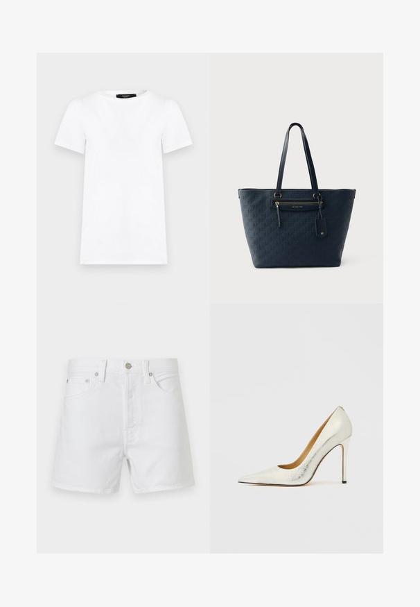 T-shirt blanc uni à manches courtes, col rond, coupe droite avec une petite étiquette noire à l'intérieur du col.; Short en denim blanc avec poches à l’avant, passants pour ceinture et fermeture par bouton métallique, présenté sur un fond uni.; Chaussure à talon haut en cuir blanc avec un bout pointu et une finition texturée. Dotée d'un talon aiguille élancé et d'une doublure intérieure lisse.; Sac cabas bleu marine Michael Kors avec motif de logo embossé, poche zippée à l'avant, longues anses et étiquette en cuir attachée.
