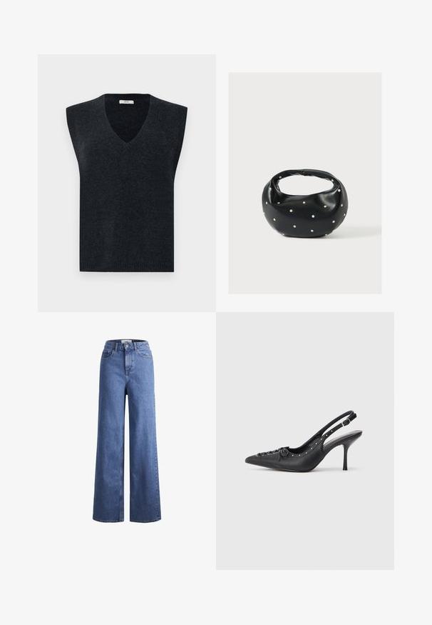 Donkergrijze, mouwloze gebreide vest met een V-hals. Kenmerkt zich door een ribbel structuur aan de halslijn en zoom. Gladde textuur, casual pasvorm, lichtgewicht.; Lichtblauwe denim wijde jeans met een hoge taille, twee voorzakken en zichtbare stiksels. Voorzien van een knoop- en ritssluiting.; Zwarte leren slingback stiletto met spitse neus, zijgesp met gesp, studs langs de rand en decoratieve veters aan de voorkant.; Zwarte leren handtas met een afgeronde vorm, versierd met zilveren studs, en een korte handgreep. Gladde textuur en ritsluiting.