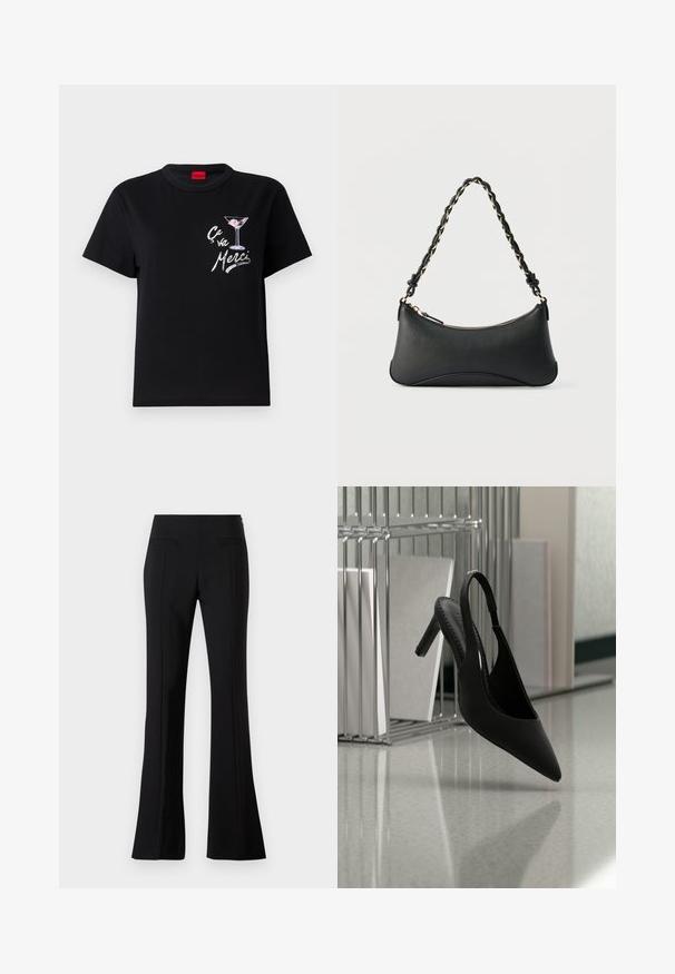 Camiseta de algodón negra con mangas cortas, que presenta un gráfico en blanco y rosa de una copa de martini y el texto "Ça va Merci" en una fuente divertida.; Pantalones acampanados negros hechos de una tela suave con una cintura alta, que cuentan con dos bolsillos traseros y una línea en el frente de cada pierna.; Zapato de tacón alto negro con punta afilada y tira en el talón, suspendido en el aire sobre un suelo brillante con carpetas apiladas en el fondo.; Bolso de hombro de cuero negro con forma rectangular curvada, cadena dorada entrelazada en una correa negra trenzada y cierre superior con cremallera.
