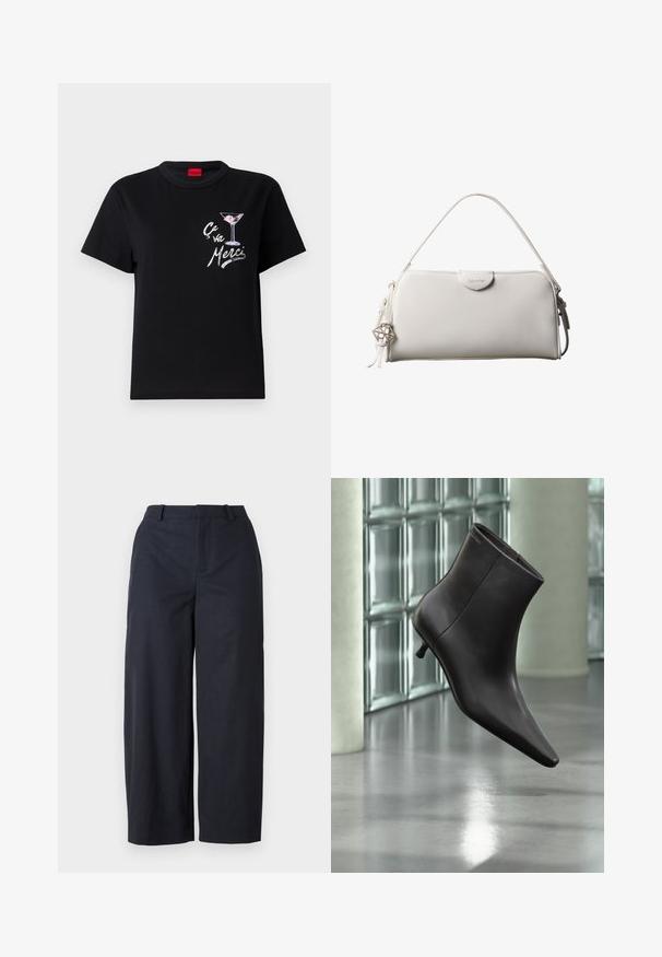 Camiseta de algodón negra con mangas cortas, que presenta un gráfico en blanco y rosa de una copa de martini y el texto "Ça va Merci" en una fuente divertida.; Pantalones de pierna ancha en color navy con una textura suave, parte delantera plana y cinturilla. Fabricados en un tejido ligero, que ofrece un ajuste relajado.; Bota de cuero negro para el tobillo con puntera puntiaguda y tacón pequeño, exhibida frente a una pared de bloques de vidrio y un suelo pulido.; Bolso rectangular blanco de Calvin Klein con un solo asa, diseño minimalista y borlas decorativas con un charm metálico geométrico en el lateral.