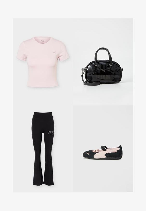 T-shirt court à manches courtes rose clair avec col rond et petit logo Puma sur la poitrine gauche.; Pantalon de sport noir évasé avec taille haute et logo blanc Puma Athletics sur la partie supérieure de la cuisse.; Ballerines en suède noir et rose clair avec des sangles élastiques, un bout arrondi et une semelle en caoutchouc texturée, arborant un petit logo à l'avant.; Sac à main en cuir verni noir avec des poignées supérieures doubles, une bandoulière amovible, une forme arrondie et un logo "PUMA" en relief bien visible.