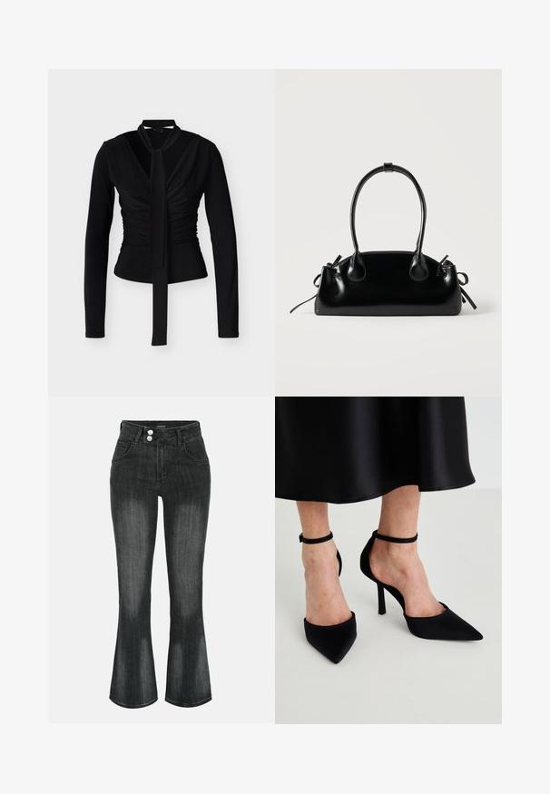 Blouse noire cintrée à manches longues avec devant froncé et lien de cou attaché descendant au centre.; Jean en denim noir délavé à taille haute, fermeture double bouton, poches avant et jambes légèrement évasées.; Talons aiguilles noires à bout pointu en tissu lisse avec un talon aiguille et une fine sangle à la cheville, présentant un design à côté ouvert.; Petit sac à main noir brillant avec deux longues anses et des détails à cordon sur les côtés sur un fond clair uni.