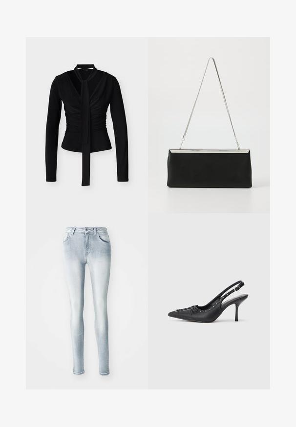 Sort langærmet tætsiddende bluse med rynket forstykke og fastgjort halstørklæde, der hænger ned midt på.; Lysblå skinny jeans lavet af denim, med høj talje, fem lommer og let fading langs lårene. Slidt kantdetalje.; Sorte læder slingback stiletto med spids tå, side spændebånd, nitter langs kanten og dekorativ snøring foran.; Sort læder clutch taske med en sølvmetal kædehåndtag og en slank rektangulær form. Mat tekstur og minimalistisk design med en metallisk accent.