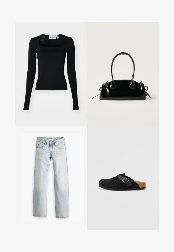 Top negro de manga larga con escote cuadrado. Hecho de una tela suave, presenta una silueta ajustada y detalles de costura sutiles. Etiqueta adjunta.; Jeans de mezclilla azul claro con un ajuste relajado, cintura alta y diseño de cinco bolsillos. Presentan detalles de costura y un cierre de botón.; Zuecos de ante negro sin cordones con correa ajustable de hebilla negra y plantilla de corcho contorneada sobre un fondo blanco liso.; Pequeño bolso negro brillante con dos asas largas y detalles de cordón lateral sobre un fondo claro liso.