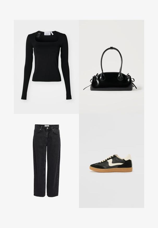 Sort langærmet top med firkantet halsudskæring. Lavet af glat stof, den har en tætsiddende silhuet og subtile syninger. Mærket sidder fast.; Sort denim bukser med vide ben og høj talje, fem-lomme design og lynlåsgylp. Glat tekstur med minimale synlige syningsdetaljer.; Sorte ruskinds- og lædersneakers med en cremefarvet side-swoosh og lys cremefarvet hæl. Har beige snørebånd og en gummirubber-sål.; Lille sort blank håndtaske med to lange håndtag og snøre-detaljer i siden på en ensfarvet lys baggrund.