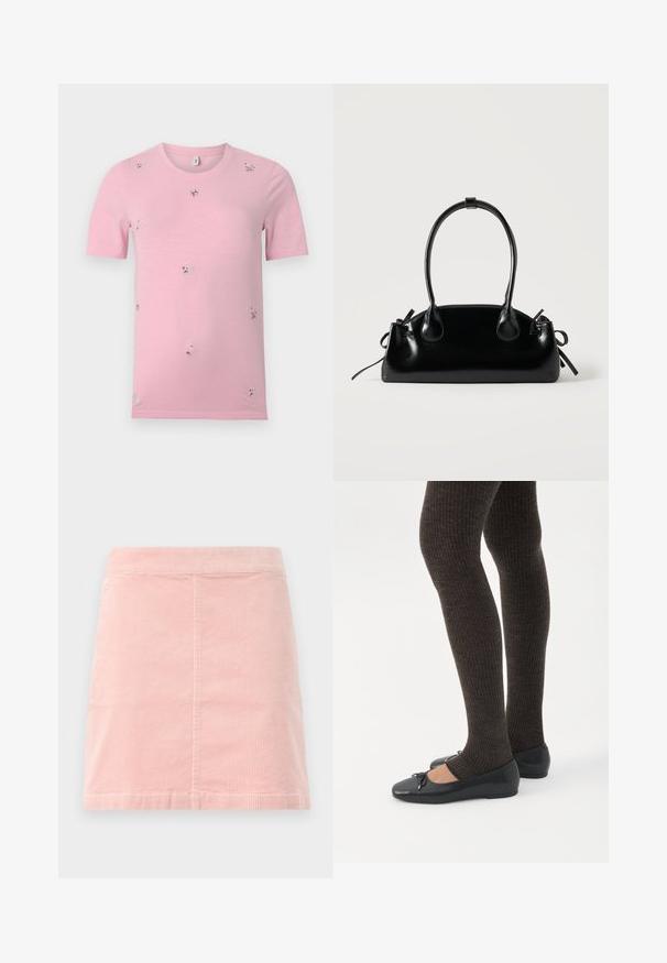 Roze T-shirt met korte mouwen, voorzien van kleine, verspreide geborduurde bloemenmotieven in verschillende kleuren, ronde hals, effen achtergrond.; Roze corduroy mini rok met een aansluitende taille en verticale ribbeltextuur. De zoom is recht en het heeft een eenvoudig ontwerp zonder versieringen.; Benen met donkere geribbelde leggings gecombineerd met zwarte ballerina's met kleine strikdetails op een witte achtergrond.; Kleine zwarte glanzende handtas met twee lange hengsels en zijkant trekkoord details op een effen lichte achtergrond.