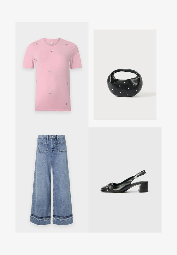 Rosa T-Shirt mit kurzen Ärmeln und kleinen, verstreuten, bestickten Blumenmustern in verschiedenen Farben, Rundhalsausschnitt, einfarbiger Hintergrund.; Hellblaue Denim-Weitbeinjeans mit hoher Taille, zwei Gesäßtaschen und kontrastierenden Nähten an den Säumen.; Schwarze Leder-Slingback-Pumps mit spitzem Vorderteil, strukturiertem Riemen mit runden metallischen Akzenten und gestapeltem Blockabsatz.; Schwarze Lederhandtasche mit abgerundeter Form, verziert mit silbernen Nietenakzenten und kurzem Griff. Glatte Struktur und Reißverschlussverschluss.