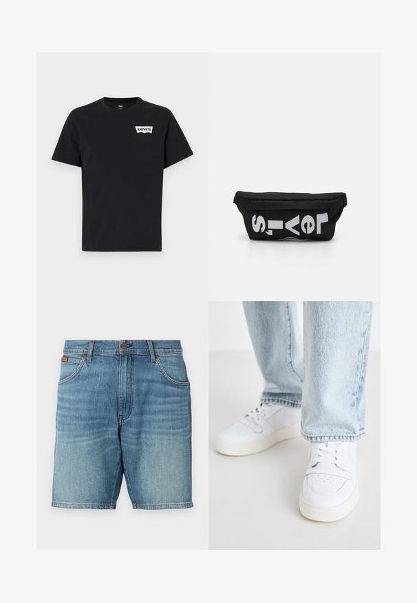 Zwarte katoenen T-shirt met korte mouwen, ronde hals en een klein wit Levi's-logo aan de voorkant links.; Lichtblauwe denimshorts met een klassieke 5-pocket ontwerp, knoopsluiting en subtiele vervaging. Netjes afgewerkte zoom en zichtbare textuur.; Witte leren lage sneakers met geperforeerde neus, platte veters en een minimalistisch ontwerp. Gecombineerd met lichtblauwe denim jeans.; Zwarte stoffen tas met een platte vorm, voorzien van vet witte tekst. De ritssluiting bevindt zich aan de bovenkant, met een lus-detail aan één kant.