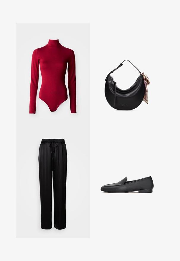 Rød langærmet bodysuit med høj hals, lavet af strækbart stof. Har et tætsiddende design og udskæringer ved manchetterne.; Sorte, løstsiddende bukser med elastisk talje og snøre, præsenteret mod en ensfarvet hvid baggrund.; Sorte læder loafers med en tekstureret finish, der har en rund tå og lav hæl. Designet inkluderer en syet overdel.; Sort halvmåneformet læderhåndtaske med justerbar rem, sølv lynlåstrækker og mønstret silketørklæde bundet på den ene side.