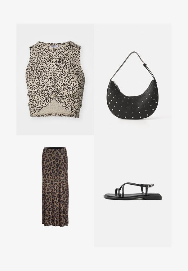 Top corto de tirantes con estampado de leopardo en beige y manchas negras, que presenta un detalle de frente retorcido y una tela suave y ligera.; Falda de estampado de leopardo en marrón y negro, con un diseño fluido y un sutil dobladillo con volantes, confeccionada en una tela ligera y suave.; Sandalias planas negras con tiras ajustables finas, con una pala rectangular y un acabado mate texturizado. Presentan un tacón bajo ligeramente cuadrado.; Bolso de mano de cuero negro con forma curva, adornado con tachuelas plateadas, cuenta con cierre de cremallera y una sola correa ajustable.