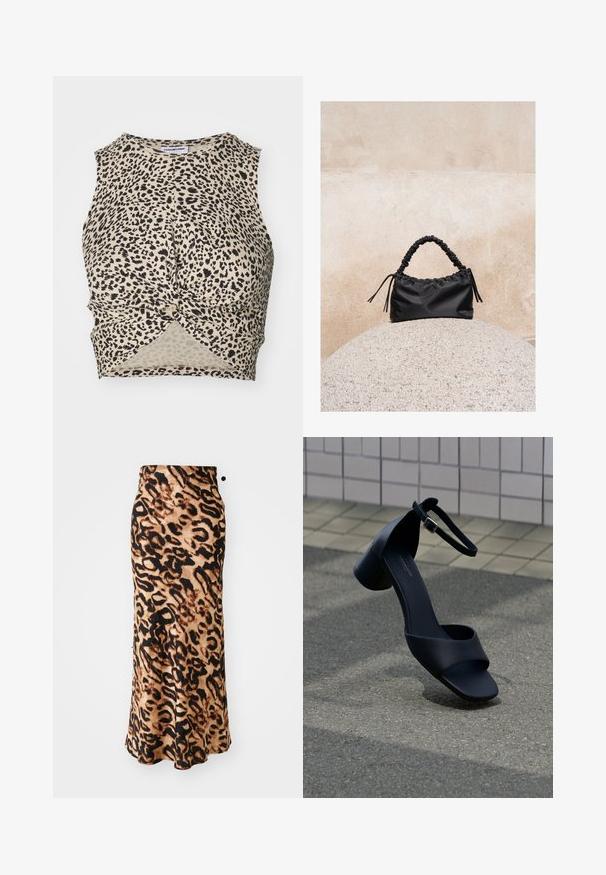 Bjørneprint cropped tank top i beige med sorte pletter, med et snoet frontdetalje og glat, letvægtsstof.; Maxikjole med leopardprint og en tætsiddende talje, lavet af blødt stof, med nuancer af brun og sort i en svævende A-formet silhuet.; Sort læder sandal med åben tå, ankelrem og lav blokhæl, svævende over asfalt nær flisebelagt væg.; Sort håndtaske med rynkede detaljer og et samlet håndtag, hvilende på en tekstureret stensfære mod en beige betonvæg.