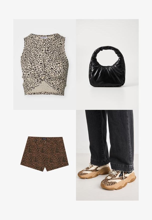 Bjørneprint cropped tank top i beige med sorte pletter, med et snoet frontdetalje og glat, letvægtsstof.; Brune denim shorts med sort leopardprint, har forlommer og en knaplukning i taljen. Enkel, lige snit design.; Sneakers med leopardprint og mesh- og læderpaneler, tan-gummisål og kontrasterende sorte accenter. Båret med løstsiddende mørke jeans.; Sort polstret håndtaske med et rundt håndtag, der har en glat, skinnende overflade og en blød, kviltet tekstur. Ingen synlige hardware eller accenter.