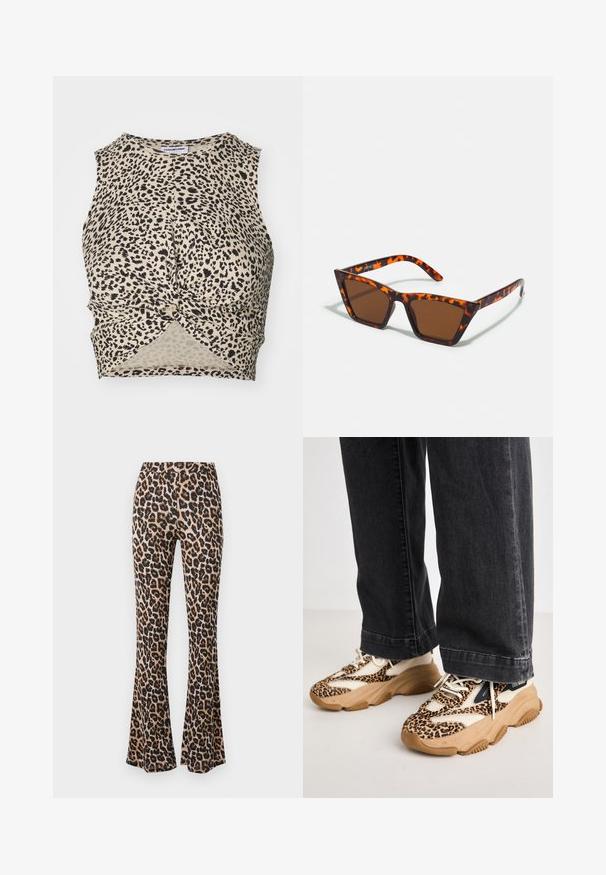 Bjørneprint cropped tank top i beige med sorte pletter, med et snoet frontdetalje og glat, letvægtsstof.; Leopardprint flared bukser i tan og sort, lavet af blødt stof med en glat tekstur, med en tætsiddende talje og flagrende bund.; Sneakers med leopardprint og mesh- og læderpaneler, tan-gummisål og kontrasterende sorte accenter. Båret med løstsiddende mørke jeans.; Brune tonede solbriller med et skildpadde-mønster, vinklede stel og slanke arme. Letvægts plastmateriale.