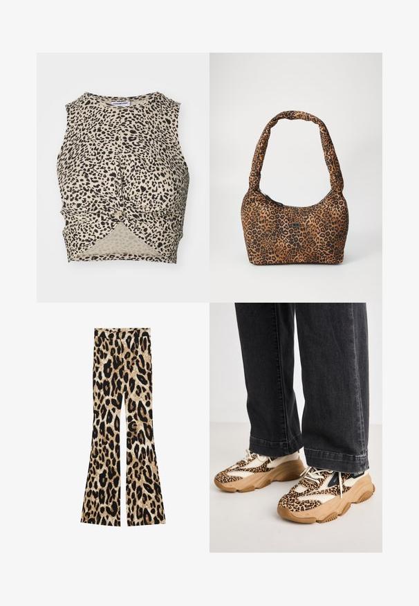 Bjørneprint cropped tank top i beige med sorte pletter, med et snoet frontdetalje og glat, letvægtsstof.; Flared bukser med leopardprint i sort og brune nuancer, ribbet tekstur og høj talje design.; Sneakers med leopardprint og mesh- og læderpaneler, tan-gummisål og kontrasterende sorte accenter. Båret med løstsiddende mørke jeans.; Leopardmønstret håndtaske i brunt og sort stof med en rund form, blød tekstur og en tyk, polstret skulderrem. Detalje med lynlås lukning.