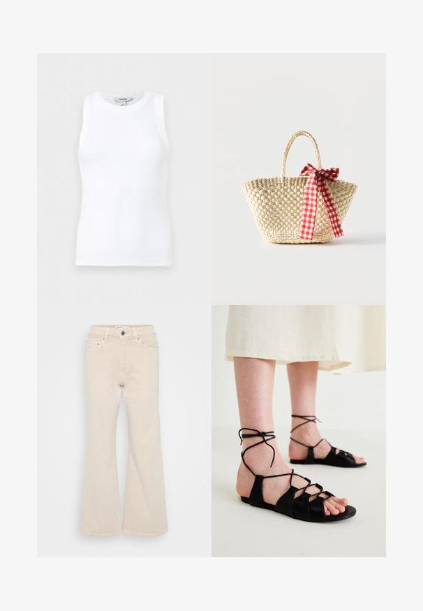 Witte geribbelde mouwloze tanktop met ronde hals, aansluitende pasvorm en klein merklipje aan de binnenkant van de hals.; Beige wijd-zitende jeans van denim, met een knoop- en ritsluiting, vijf zakken en subtiele stikseldetails.; Zwarte leren platte sandalen met een kruislingse ontwerp en enkelbandjes, met een effen textuur en een open teenstijl.; Gevlochten strooien tas met gevlochten handvatten en een rood-wit geruit lint dat aan één zijde in een strik is gebonden.