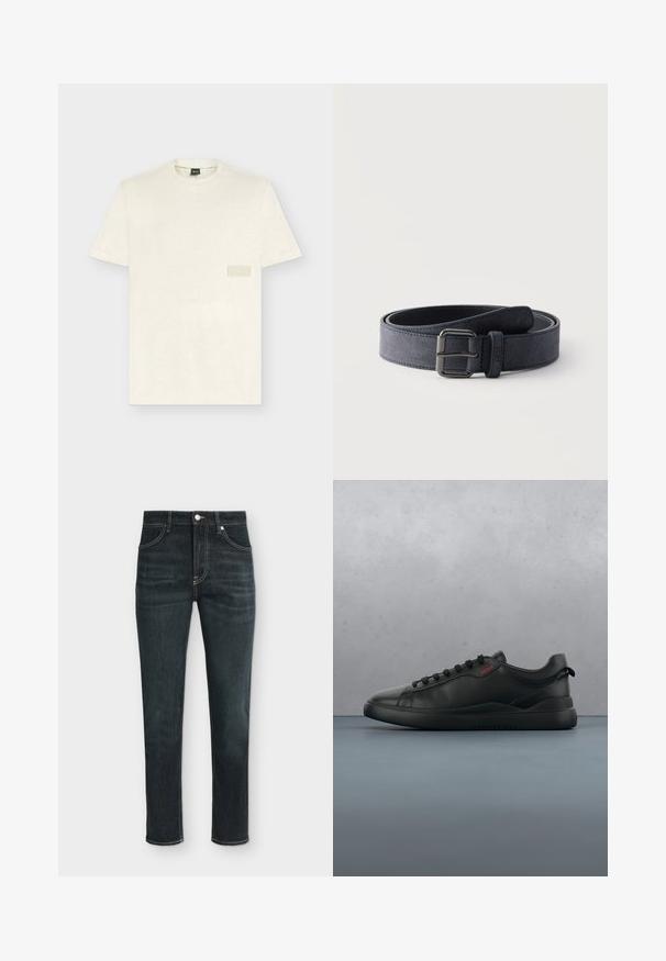 Off-white T-shirt med korte ærmer og rund halsudskæring med et diskret rektangulært patch på brystet og mærket label ved halsen.; Mørkeblå slim fit jeans med lommer foran og bagpå, bæltestropper samt knap- og lynlås lukning.; HUGO BLAKE - Sneakers - black; Mørkeblåt ruskindsbælte rullet sammen med en rektangulær metalspænde og syninger langs kanterne på en ensfarvet lys baggrund.