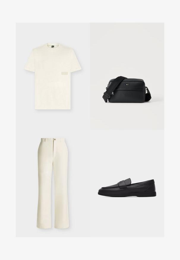 T-shirt blanc cassé à manches courtes avec col rond, patch rectangulaire discret sur la poitrine et étiquette de marque au niveau du cou.; Pantalon crème taille haute à jambes larges, avec passants pour ceinture et fermeture avant par bouton et zip sur fond uni.; Mocassin pour homme en cuir noir avec bout mocassin, détail de lanière sur le dessus et semelle en caoutchouc plate, présenté de profil sur fond blanc.; Sac bandoulière en cuir noir texturé avec poche avant zippée et bandoulière large en tissu réglable sur fond blanc.