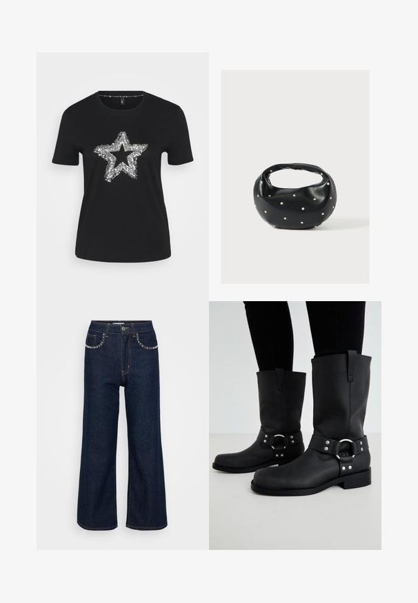 Sort T-shirt lavet af bomuld med et sølvfarvet palietstjernemotiv foran. Kortærmet og med rund halsudskæring.; Mørkeblå brede ben jeans lavet af denim, med høj talje, to forlommer med dekorativ syning, og en enkelt knaplukning.; ONLY SHOES ONLBAX - Cowboy- / bikerstøvler - black; Sort læderhåndtaske med en rundet form, dekoreret med sølvnitter, og et kort håndtag. Glat tekstur og lynlåslukning.