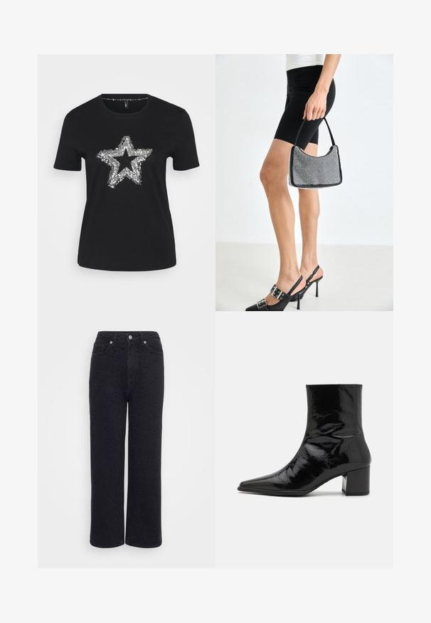 Camiseta negra de algodón con un diseño de estrella de lentejuelas plateadas en el frente. Mangas cortas y escote redondo.; Pantalones de mezclilla negra de pierna ancha con una cintura alta, que presentan acentos decorativos de tachuelas en todo su diseño y una textura suave.; Botín de charol negro hasta el tobillo con punta afilada, parte superior estructurada y tacón grueso. Presenta una textura lisa y brillante.; Bolso de cuentas negras con una silueta curva, asa de transporte y textura brillante. Llevado con zapatos de tacón altos negros y pantalones cortos negros ajustados.