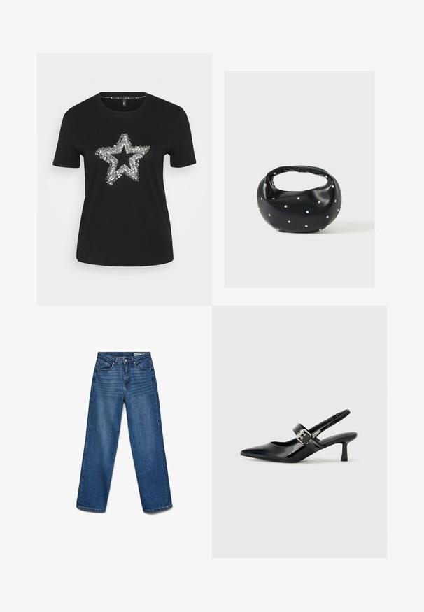 Camiseta negra de algodón con un diseño de estrella de lentejuelas plateadas en el frente. Mangas cortas y escote redondo.; Vaqueros azules de pierna recta con botón y cremallera delanteros, cinco bolsillos y detalles sutiles de desgaste en los muslos.; Zapatos de tacón en charol negro con tira al tobillo, punta afilada y un pequeño tacón bloque, que cuentan con un acento de hebilla plateada en la correa.; Bolso de mano de cuero negro con forma redondeada, decorado con detalles de tachuelas plateadas y un asa corta. Textura lisa y cierre con cremallera.