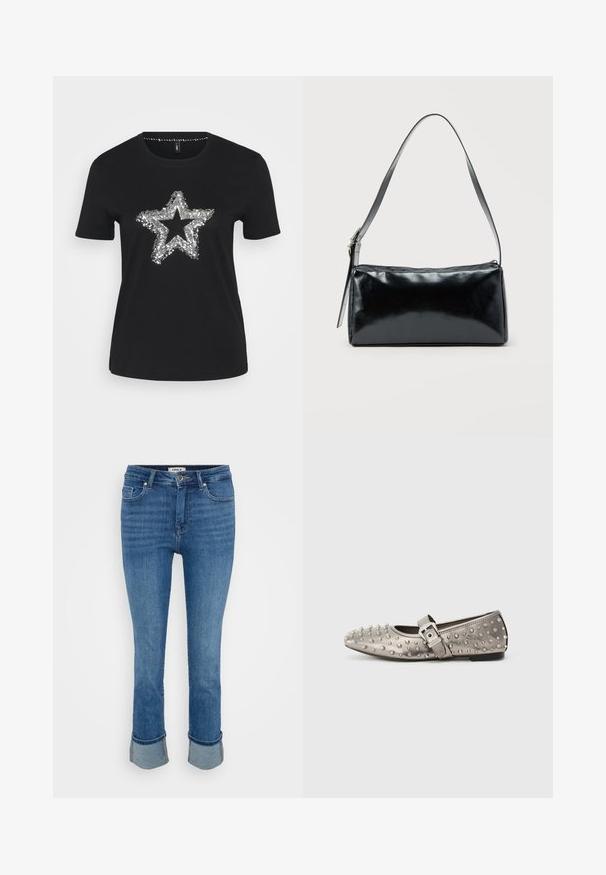 Sort T-shirt lavet af bomuld med et sølvfarvet palietstjernemotiv foran. Kortærmet og med rund halsudskæring.; Blå denim jeans med forlommer, knaplukning og oprullede bukseben på en ensfarvet lys baggrund.; Grå fladsko med rund tå, prydet med metalliske nitter og en sidesnor med en sølvspænde detalje. Glat tekstur.; Sort rektangulær skuldertaske med en enkelt justerbar rem og lynlås i toppen på en ensfarvet baggrund.