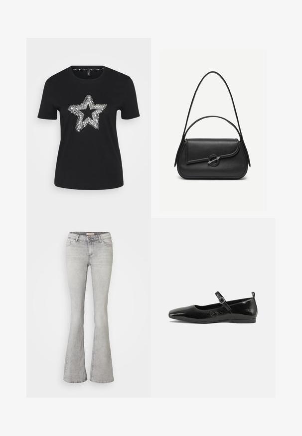 T-shirt noir en coton avec un design d'étoile en sequins argentés sur le devant. Manches courtes et col rond.; Jeans en denim gris évasés avec une taille ajustée, un design à cinq poches et un léger délavage. Présentent une fermeture à bouton et un ourlet cousu.; Chaussure plate en cuir verni noir avec un bout pointu, une sangle de cheville avec boucles, et une texture lisse et brillante. Talon bas pour le confort.; Sac à main en cuir noir avec bords arrondis, rabat asymétrique, fermoir circulaire en métal, et des bandoulières courtes et longues.