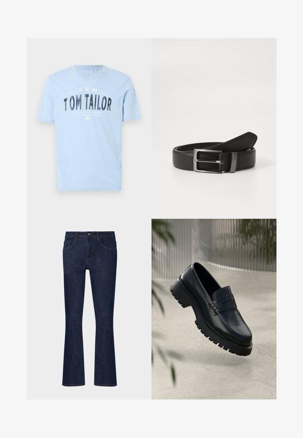 Lyseblå bomulds t-shirt med rund halsudskæring og korte ærmer. Den har kraftig sort trykt tekst: "TOM TAILOR" samt yderligere brandingdetaljer.; Mørkeblå denim flare jeans med mellemhøj talje, fem lommer og kontrastsyninger. Glat tekstur med minimal slid.; Sorte læder loafers med en chunky sål, der har en dekorativ rem og syninger. Glat tekstur med en poleret overflade.; Sort læderbælte med en sølvmetal spænde, der har en glat overflade og et klassisk design. Bæltet er pænt foldet.